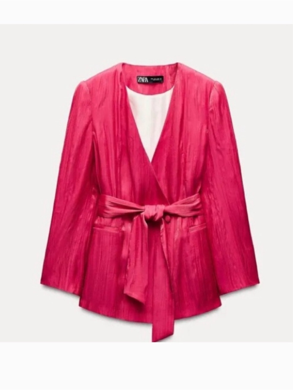 ZARA Hot Pink Red Crinkle Effect Shimmering Belted Blazer! 💖 - Picture 7 of 16